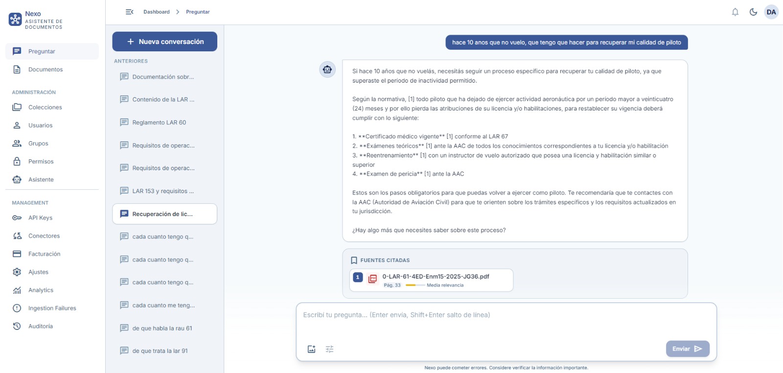 Respuesta de Nexo con fuente citada — pregunta sobre recuperación de licencia de piloto